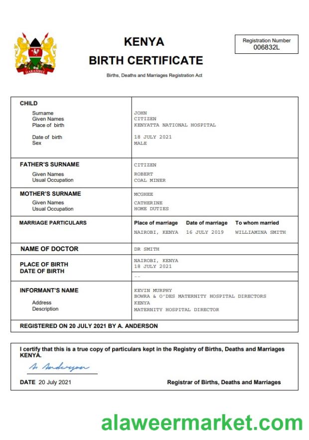 Kenya vital record birth certificate Word and PDF template